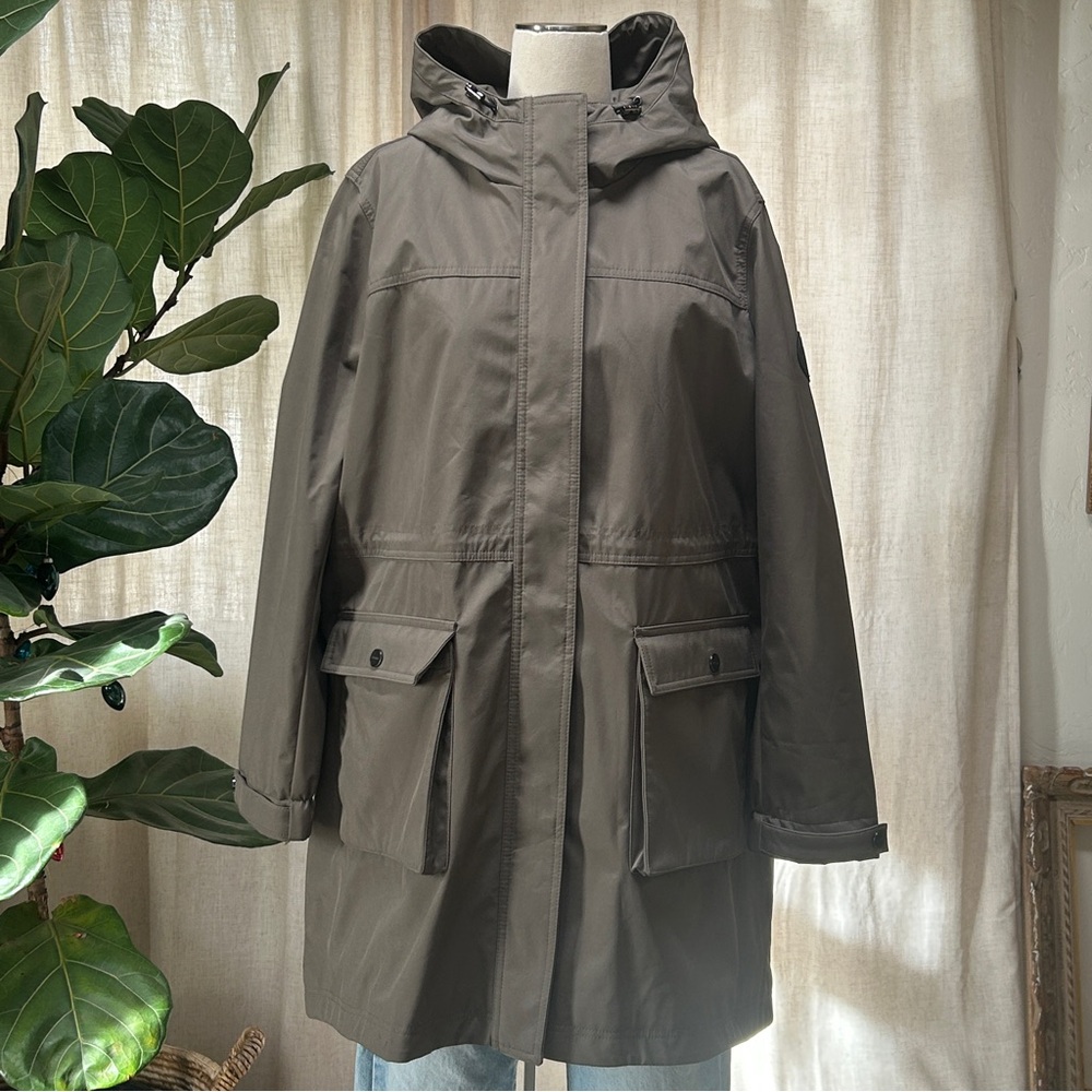 DKNY Utility Hooded Parka Jacket Taupe Minimal Chic Outerwear Size XL